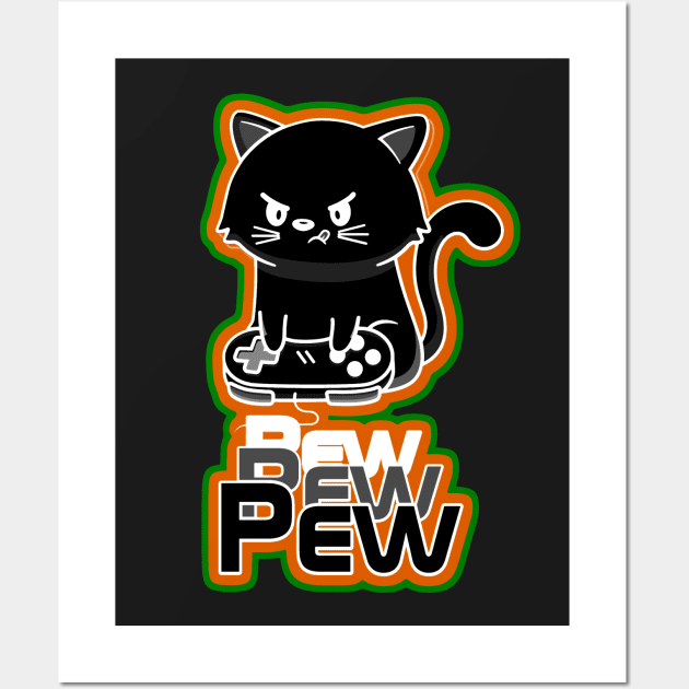 Black Cat Gamer pew pew pew Wall Art by AlondraHanley